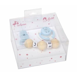 Muñecas Arias Ensemble Tétine Bleu/Blanc avec Chaîne de Perles en Bois et Pince Blanche