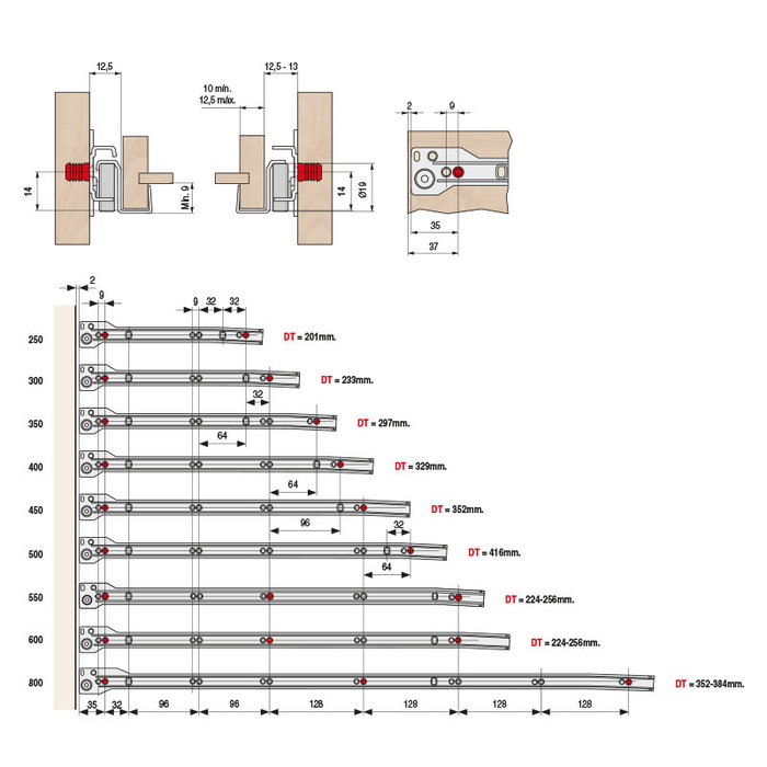 ALK AREA - Guide de tiroir à fermeture assistée pour montage machine direct, système CLAMP, longueur 300 mm, couleur gris, pour meuble cuisine/salle de bain