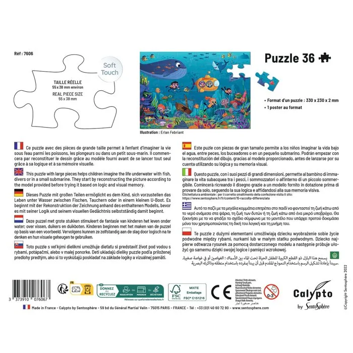 Sentosphere Puzzle La vie sous la mer 36 pièces impression 7 couleurs surface Soft Touch pour enfants dès 4 ans