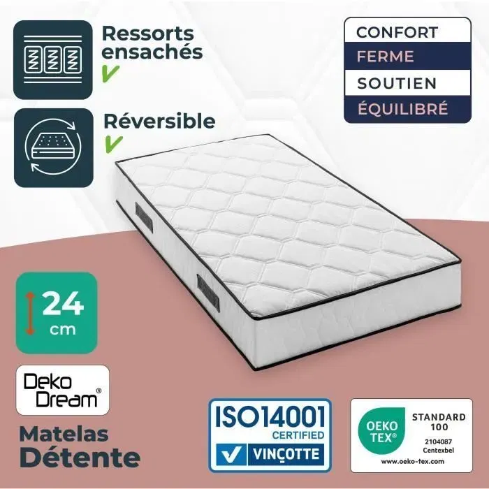 Somnis Bedding - Matelas Détente 90x190 cm, Épaisseur 24 cm, 380 ressorts ensachés, 7 zones, équilibré et réversible - Fabriqué en Belgique Somnis Bedding - Matelas Détente 90x190 cm, Épaisseur 24 cm, 380 ressorts ensachés, 7 zones, équilibré et réversible - Fabriqué en Belgique