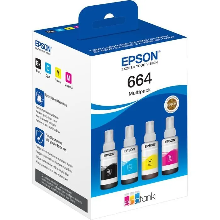 Epson C13T664640 Multipack 4 cartouches d'encre couleurs pour imprimante EcoTank 664 - Noir, Cyan, Magenta, Jaune