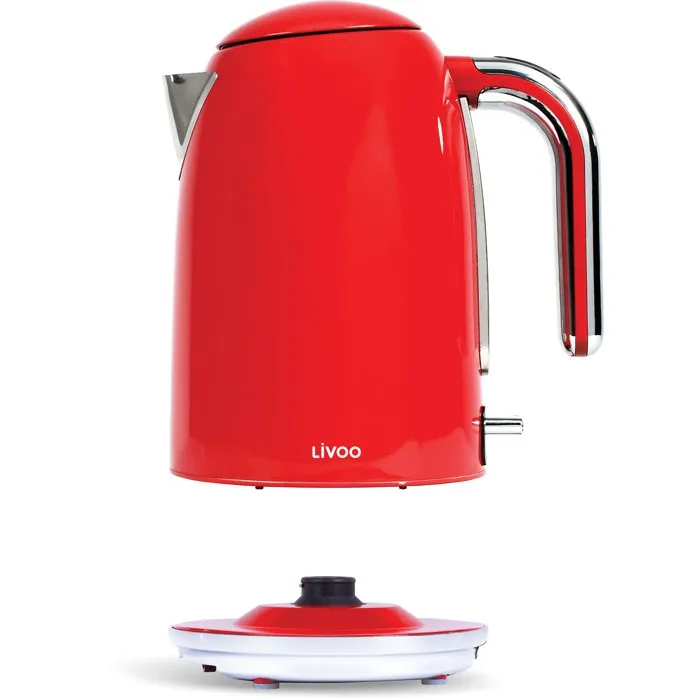 Livoo Bouilloire rétro rouge DOD180R - 2200 W - Capacité 1,7 litres - Socle pivotant 360° - Corps inox - Filtre anticalcaire - Arrêt automatique