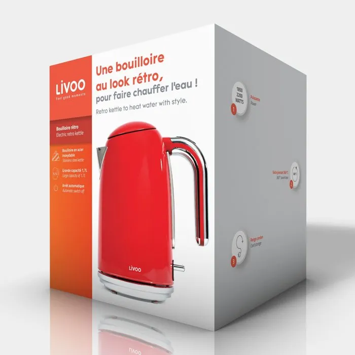 Livoo Bouilloire rétro rouge DOD180R - 2200 W - Capacité 1,7 litres - Socle pivotant 360° - Corps inox - Filtre anticalcaire - Arrêt automatique