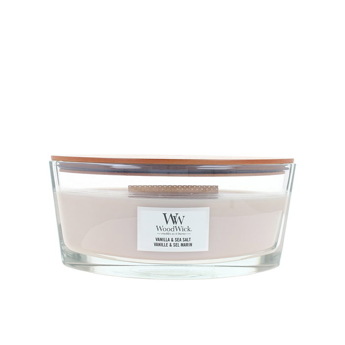 WoodWick Bougie Parfumée Vanille & Sel de Mer 453,6 g Crépitement Cheminée Cire de Soja Premium Expérience Sensorielle Apaisante