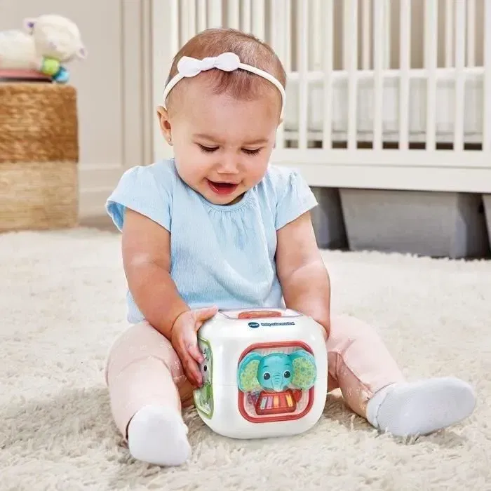 VTech Baby - Baby Cube Musical - Cube éducatif interactif pour bébé de 6 à 36 mois avec 4 boutons animaux, 3 modes de jeu, 6 chansons, 16 mélodies et textures variées
