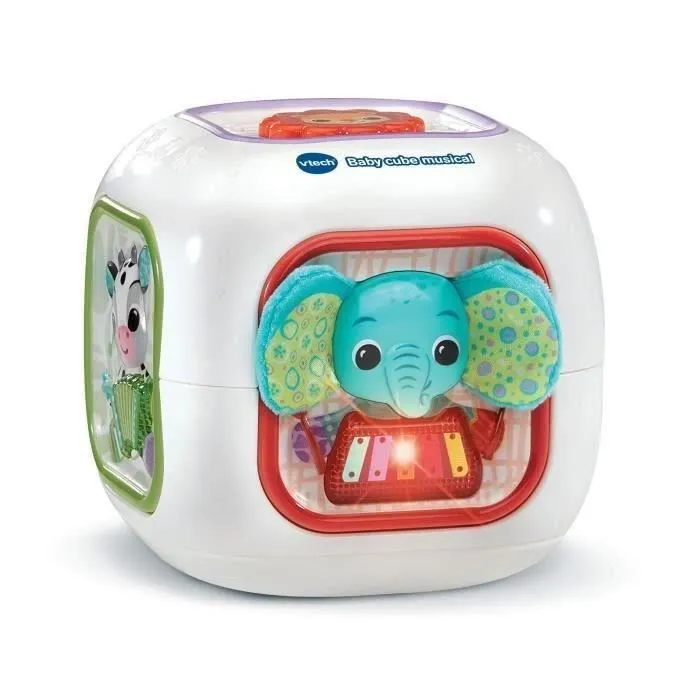 VTech Baby - Baby Cube Musical - Cube éducatif interactif pour bébé de 6 à 36 mois avec 4 boutons animaux, 3 modes de jeu, 6 chansons, 16 mélodies et textures variées