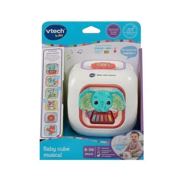 VTech Baby - Baby Cube Musical - Cube éducatif interactif pour bébé de 6 à 36 mois avec 4 boutons animaux, 3 modes de jeu, 6 chansons, 16 mélodies et textures variées