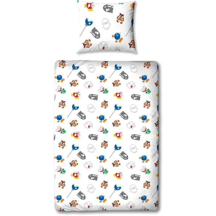 Mario Bros Parure de lit - Super Mario et ses amis - Microfibre - 1 housse de couette 140 x 200 cm + 1 taie d'oreiller 63 x 63 cm