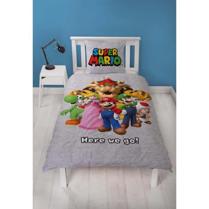 Mario Bros Parure de lit - Super Mario et ses amis - Microfibre - 1 housse de couette 140 x 200 cm + 1 taie d'oreiller 63 x 63 cm