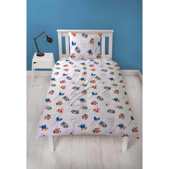 Mario Bros Parure de lit - Super Mario et ses amis - Microfibre - 1 housse de couette 140 x 200 cm + 1 taie d'oreiller 63 x 63 cm