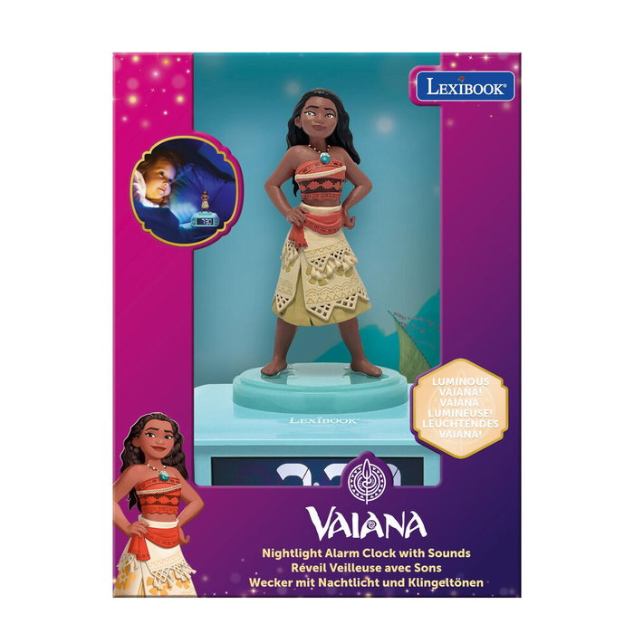 LEXIBOOK Réveil Lumineur 3D Vaiana Moana Disney avec Lumières Nocturnes, Mélodies, Alarme et Affichage LCD