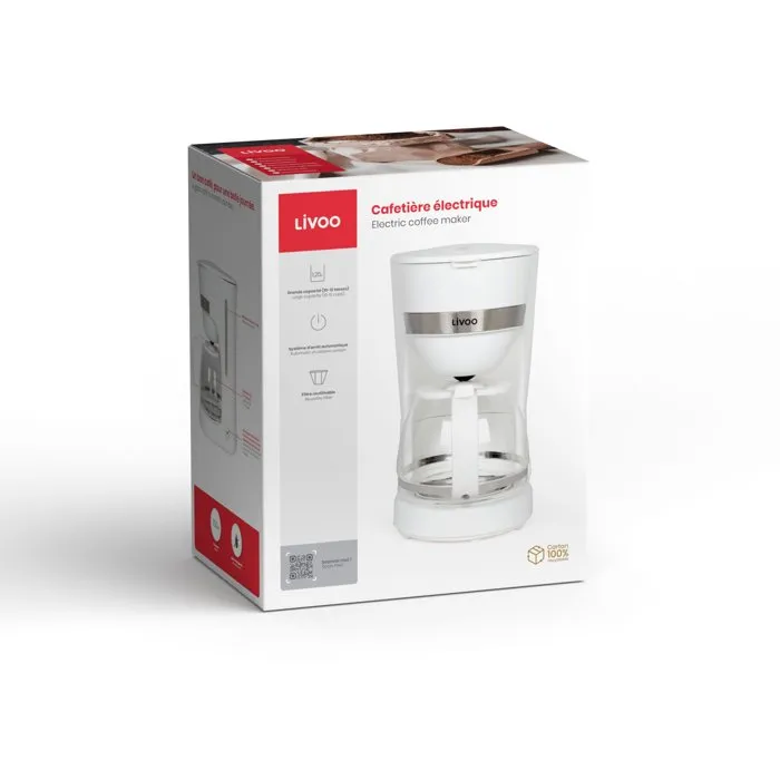 Livoo DOD200W Cafetière électrique 750 W 1.25 L (10-12 tasses) Blanche - Porte-filtre amovible, système anti-gouttes, maintien au chaud