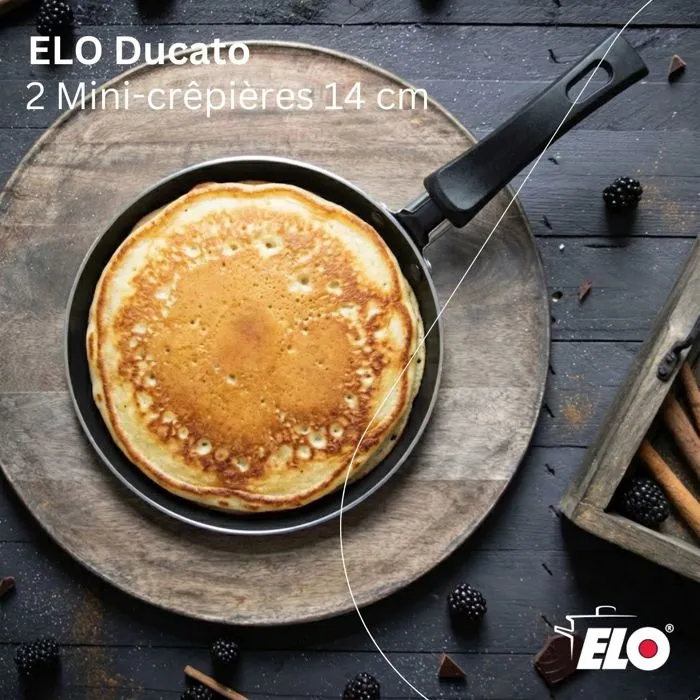 ELO Set de 2 mini-crêpières Ø 14 cm avec revêtement céramique ELODUR® sans PFAS et spatule en bois - Pour pancakes, blinis et œufs au plat