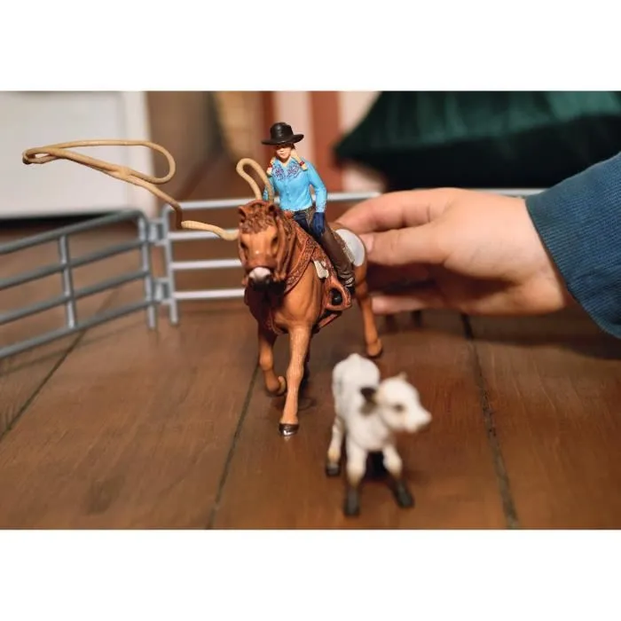 Schleich 42577 Farm World - Coffret équipe de cowboy avec lassos, cheval Quarter Horse, cowgirl, veau Texas Longhorn et barrières pour enfants à partir de 3 ans