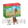 Schleich 42577 Farm World - Coffret équipe de cowboy avec lassos, cheval Quarter Horse, cowgirl, veau Texas Longhorn et barrières pour enfants à partir de 3 ans