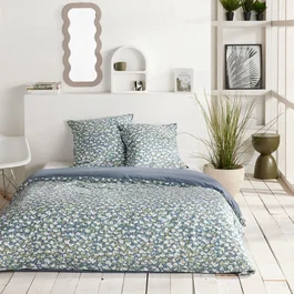 Today Parure de lit Sunshine - Housse de couette 220x240 cm et taies 63x63 cm - Coton imprimé floral bleu - Pour lit 2 personnes