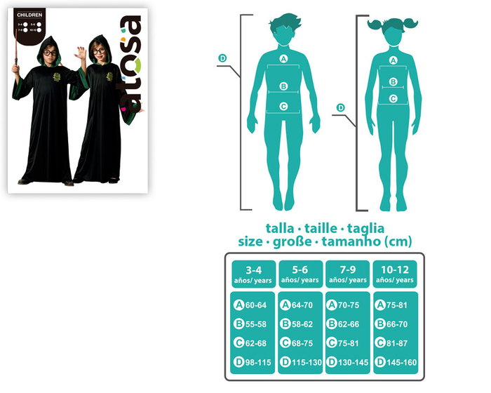 Déguisement tunique avec capuche écolier de magie noir et vert pour enfant garçon 10-12 ans - Costume apprenti sorcier