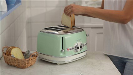 Ariete 156/04 Tostador 4 Ranuras Verde - Tostadora de 4 rendijas, 6 niveles de tueste, función descongelar y recalentar, bandeja extraíble