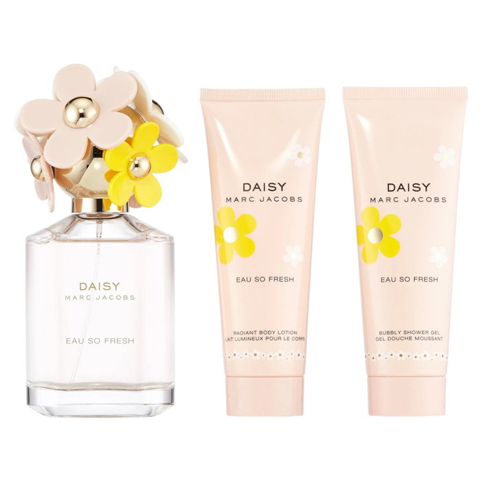 Marc Jacobs Daisy Eau So Fresh - Coffret Parfum Femme : Eau de Toilette 75 ml + Lotion Hydratante pour le Corps 75 ml + Gel Douche Hydratant Tous Types de Peau 75 ml