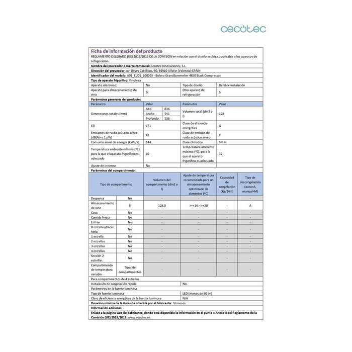 Cecotec Vinoteca Bolero GrandSommelier 4850 Indépendante 125 L 49 Bouteilles Noir