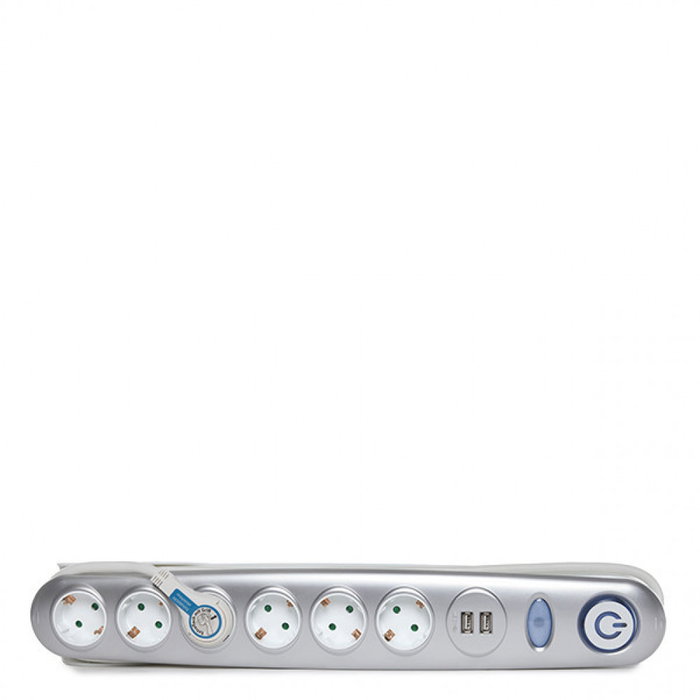 Prise de courant 6 X Prise + Commutateur Lumineux + 2 X Usb Chargeur 2100 Ma 5V - IP20 - Blanc / Argent
