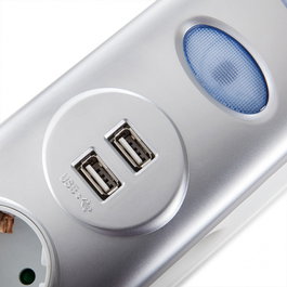 Prise de courant 6 X Prise + Commutateur Lumineux + 2 X Usb Chargeur 2100 Ma 5V - IP20 - Blanc / Argent