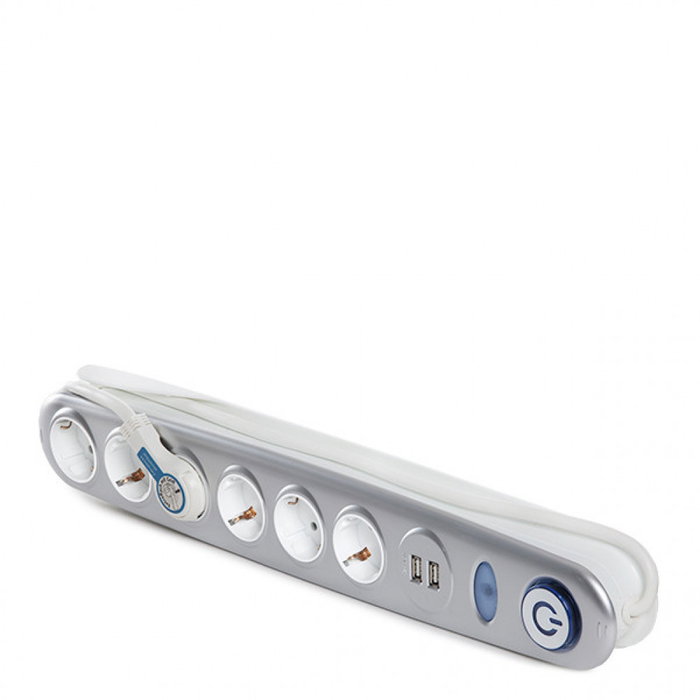 Prise de courant 6 X Prise + Commutateur Lumineux + 2 X Usb Chargeur 2100 Ma 5V - IP20 - Blanc / Argent