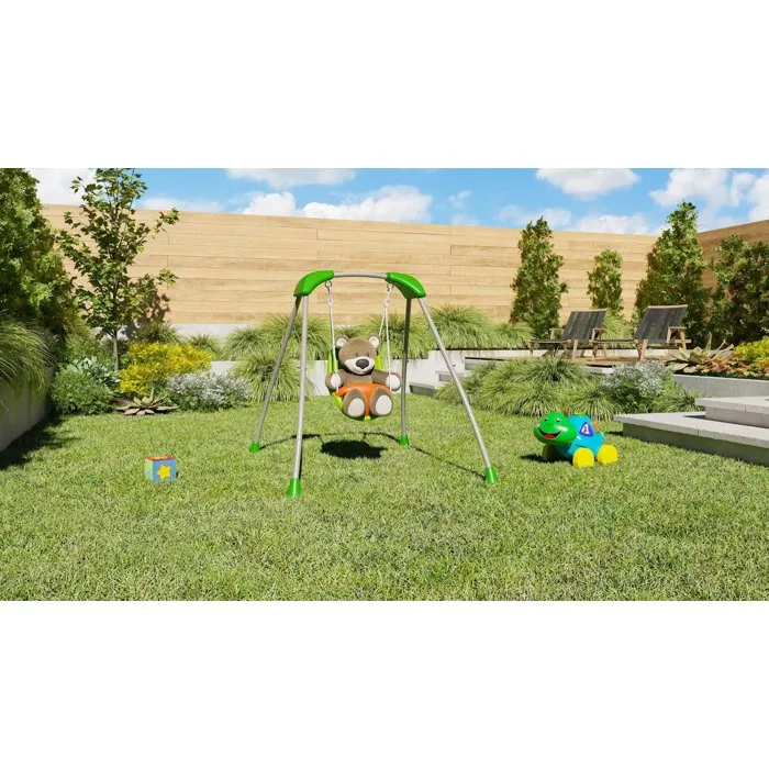 Trigano Baby'k Emma - Portique métal pour bébé avec siège coque, de 9 à 36 mois, jusqu'à 20 kg, pieds vert pomme et poutre orange