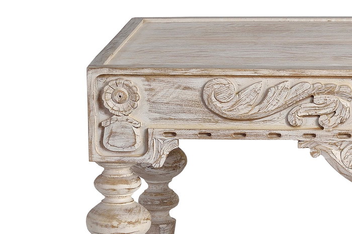 GINER Y COLOMER Table basse en bois de manguier sculptée à la main, style rustique élégant, finition blanc vieilli, 110 x 60 x 46 cm GINER Y COLOMER Table basse en bois de manguier sculptée à la main, style rustique élégant, finition blanc vieilli, 110 x 60 x 46 cm