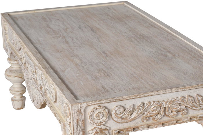 GINER Y COLOMER Table basse en bois de manguier sculptée à la main, style rustique élégant, finition blanc vieilli, 110 x 60 x 46 cm