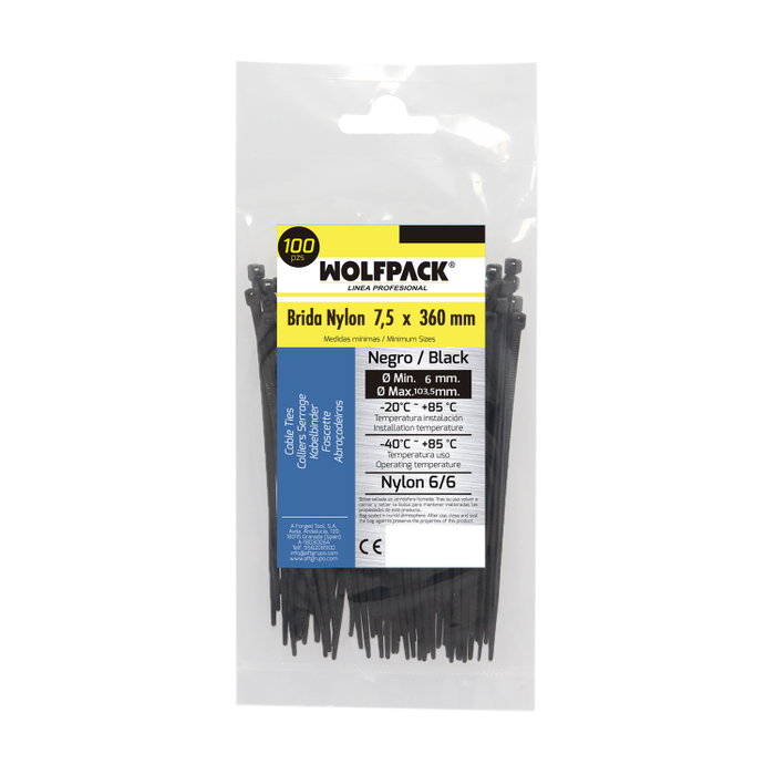 WOLFPACK LINEA PROFESIONAL Colliers de serrage en nylon noir 7,5 x 360 mm (Pack de 100)