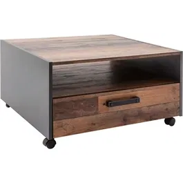 Trends International - Table basse carrée sur roulettes en panneaux de particules - Style industriel - Décor bois vieilli et gris - Double plateau avec tiroir - L70 x P70 x H40 cm