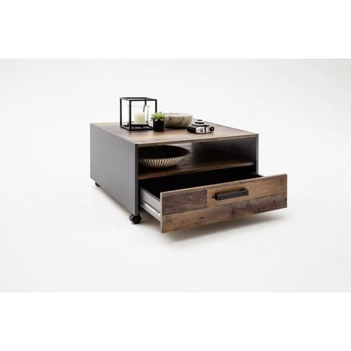 Trends International - Table basse carrée sur roulettes en panneaux de particules - Style industriel - Décor bois vieilli et gris - Double plateau avec tiroir - L70 x P70 x H40 cm