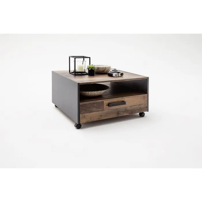 Trends International - Table basse carrée sur roulettes en panneaux de particules - Style industriel - Décor bois vieilli et gris - Double plateau avec tiroir - L70 x P70 x H40 cm