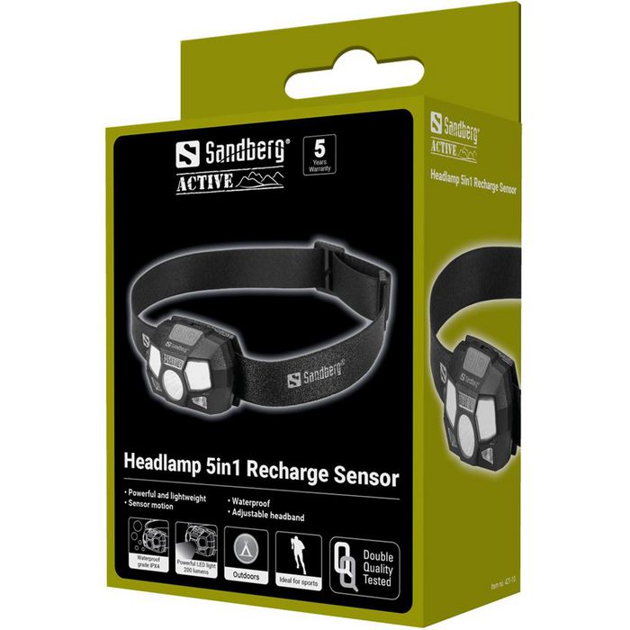 Sandberg Headlamp 5in1 Recharge Sensor Lampe frontale rechargeable USB étanche avec capteur de mouvement et 5 modes LED, sangle ajustable