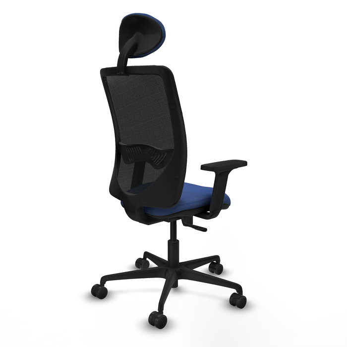 Chaise Zulema Synchro 3 positions tissu Bleu foncé Maille Noir Base en nylon noir Accoudoir 2D Appui-tête Roulettes 65mm nylon