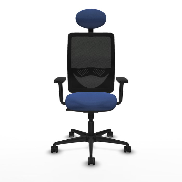 Chaise Zulema Synchro 3 positions tissu Bleu foncé Maille Noir Base en nylon noir Accoudoir 2D Appui-tête Roulettes 65mm nylon