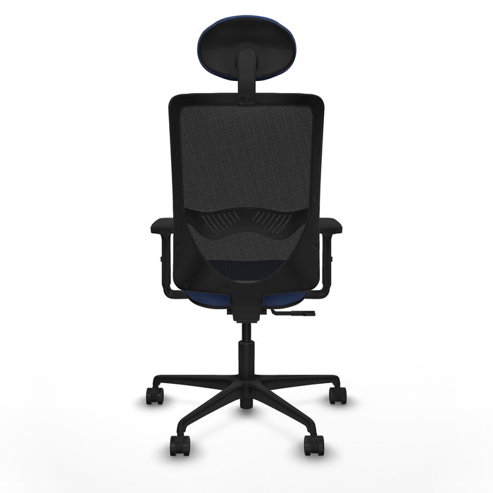 Chaise Zulema Synchro 3 positions tissu Bleu foncé Maille Noir Base en nylon noir Accoudoir 2D Appui-tête Roulettes 65mm nylon