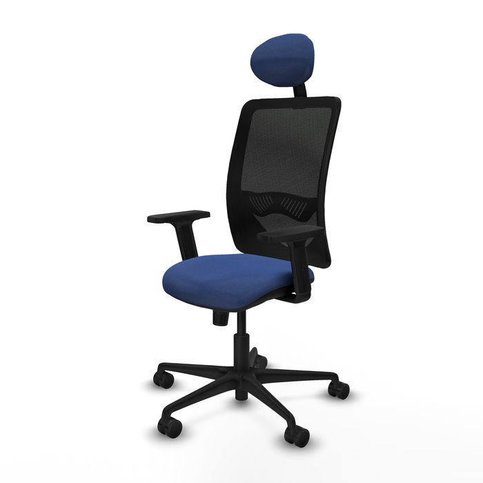 Chaise Zulema Synchro 3 positions tissu Bleu foncé Maille Noir Base en nylon noir Accoudoir 2D Appui-tête Roulettes 65mm nylon