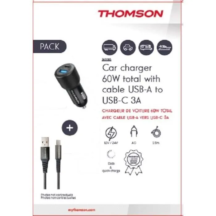 Thomson - Pack chargeur allume-cigare 60 W avec câble USB-A/USB-C 3A pour charge rapide et données (1,5 m)