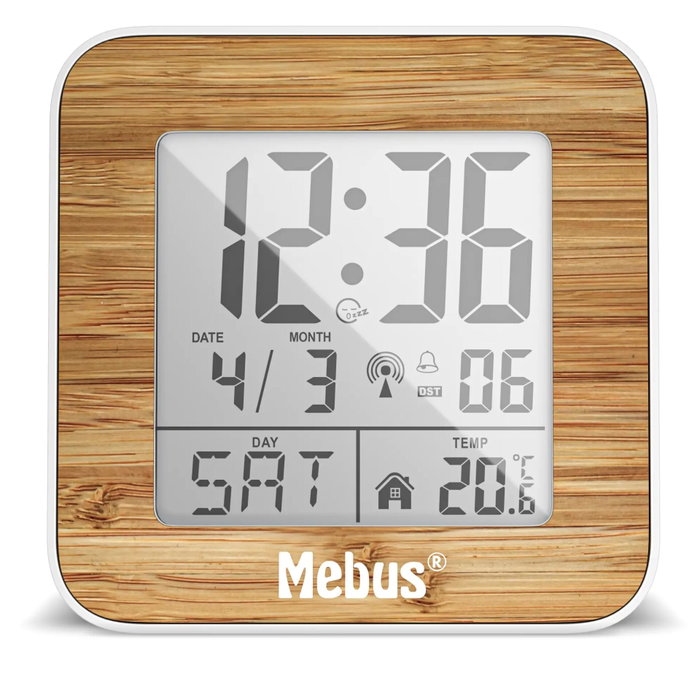 Mebus Réveil numérique radio-piloté 27247 Blanc/Aspect bois