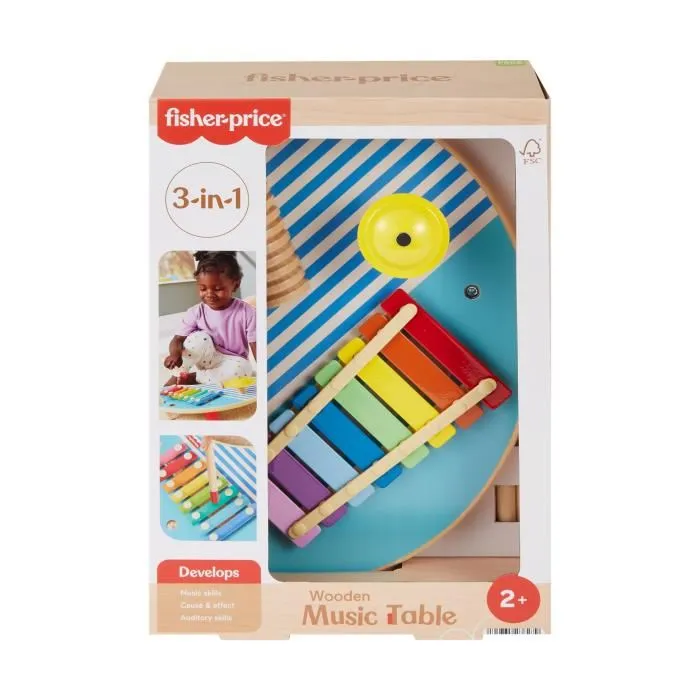 Fisher-Price Table Musicale en Bois avec Instruments de Percussion - Xylophone, Cymbale et Güiro - Jouet Éducatif en Bois FSC pour Enfant - Réf. HXT91