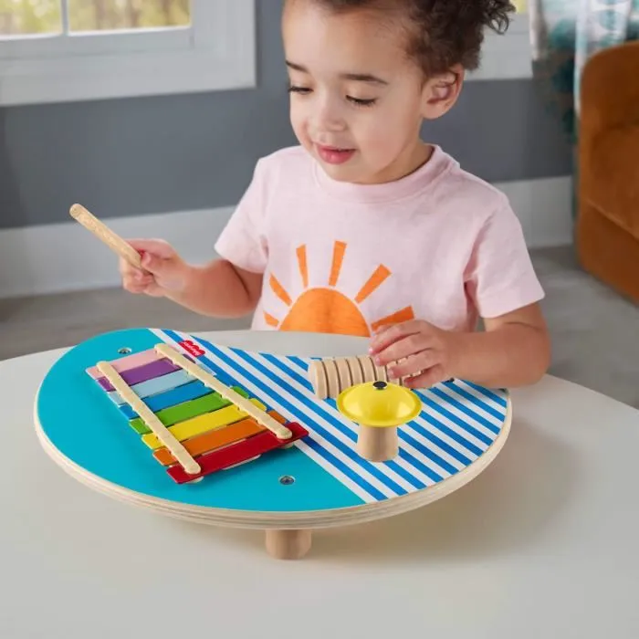 Fisher-Price Table Musicale en Bois avec Instruments de Percussion - Xylophone, Cymbale et Güiro - Jouet Éducatif en Bois FSC pour Enfant - Réf. HXT91