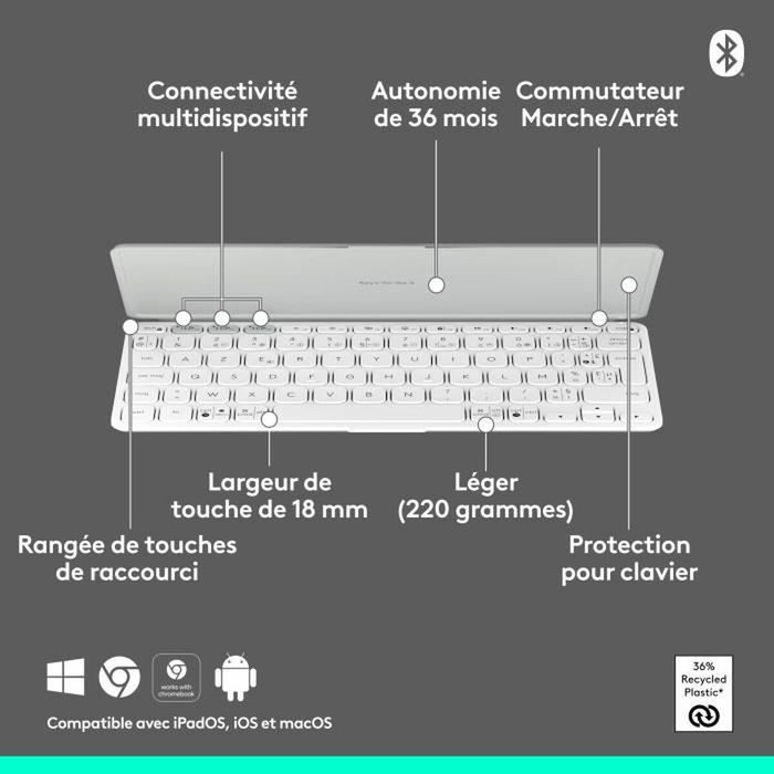 Logitech Keys-To-Go 2 - Clavier portable AZERTY - Gris pâle Logitech Keys-To-Go 2 - Clavier portable AZERTY - Gris pâle