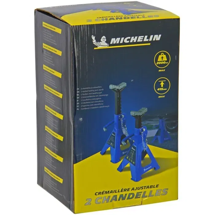 Michelin Chandelles à crémaillère Maxi 2 T, Hauteur 280 à 415 mm, Blocage facile par levier et goupille de sécurité, Paire de 2, Semelles caoutchouc