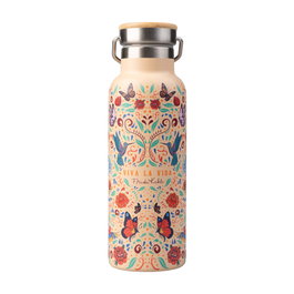 ERIK Gourde Isotherme en Acier Inox 500ml à Design Frida Kahlo, Double Paroi, Conservation 12h Chaud/24h Froid, Bouchon Bois, Sans BPA