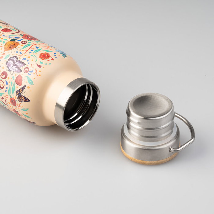 ERIK Gourde Isotherme en Acier Inox 500ml à Design Frida Kahlo, Double Paroi, Conservation 12h Chaud/24h Froid, Bouchon Bois, Sans BPA