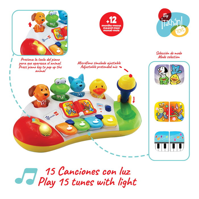 Tachan My First Piano avec Animaux Pop-Up - Piano Musical Éducatif avec Microphone, 15 Mélodies, 4 Touches et 4 Personnages Animaux - Multilingue, pour Enfants à Partir de 12 Mois
