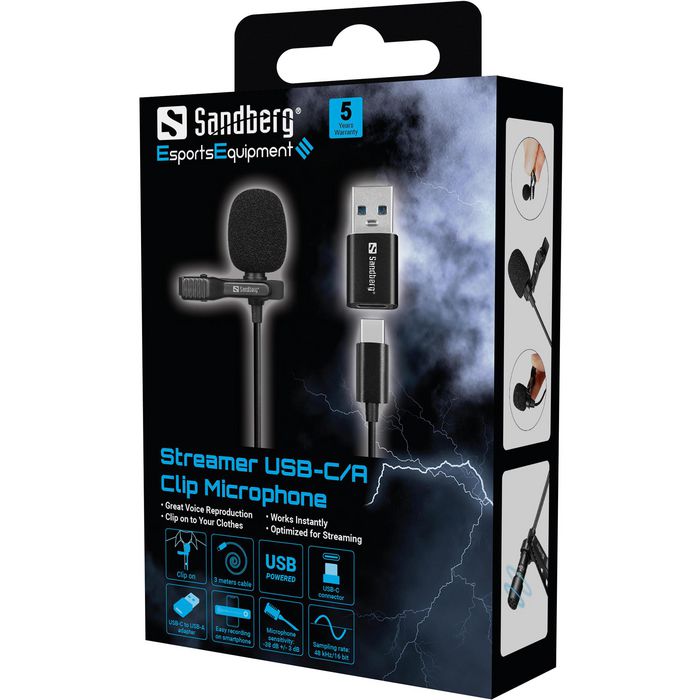 Sandberg Microphone USB Clip Streamer - Micro-cravatte avec fixation pour streaming, réunions en ligne et haute qualité vocale Sandberg Microphone USB Clip Streamer - Micro-cravatte avec fixation pour streaming, réunions en ligne et haute qualité vocale