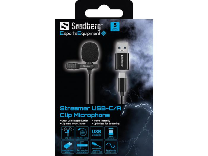 Sandberg Microphone USB Clip Streamer - Micro-cravatte avec fixation pour streaming, réunions en ligne et haute qualité vocale Sandberg Microphone USB Clip Streamer - Micro-cravatte avec fixation pour streaming, réunions en ligne et haute qualité vocale